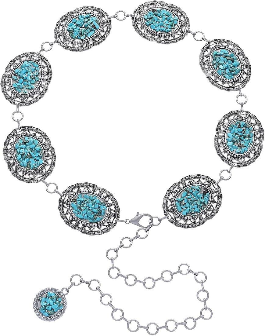 Western Women’s Turquoise Concho Chain Belt, Metal Antique Silver Waist Chain Belt for Ladies | Amazon (US)