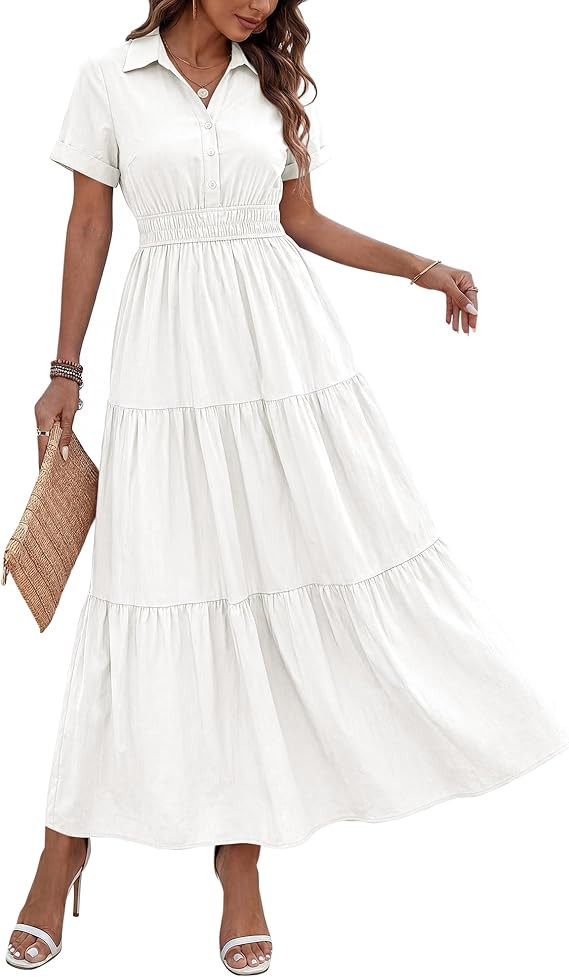 BTFBM Wedding Guest Dresses for Women Beach Fashion Casual Short Sleeve V Neck Solid Spring Summe... | Amazon (US)