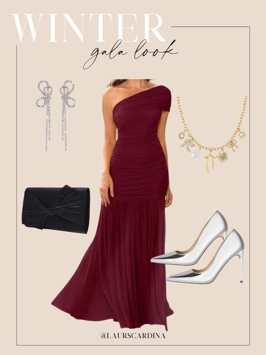 This winter gala look includes a one-shoulder maroon dress, velvet clutch purse, rhinestone bow earrings, a gold charm necklace, and silver pumps.

Ootd, holiday party outfit, Christmas outfit

#LTKFindsUnder50 #LTKHoliday