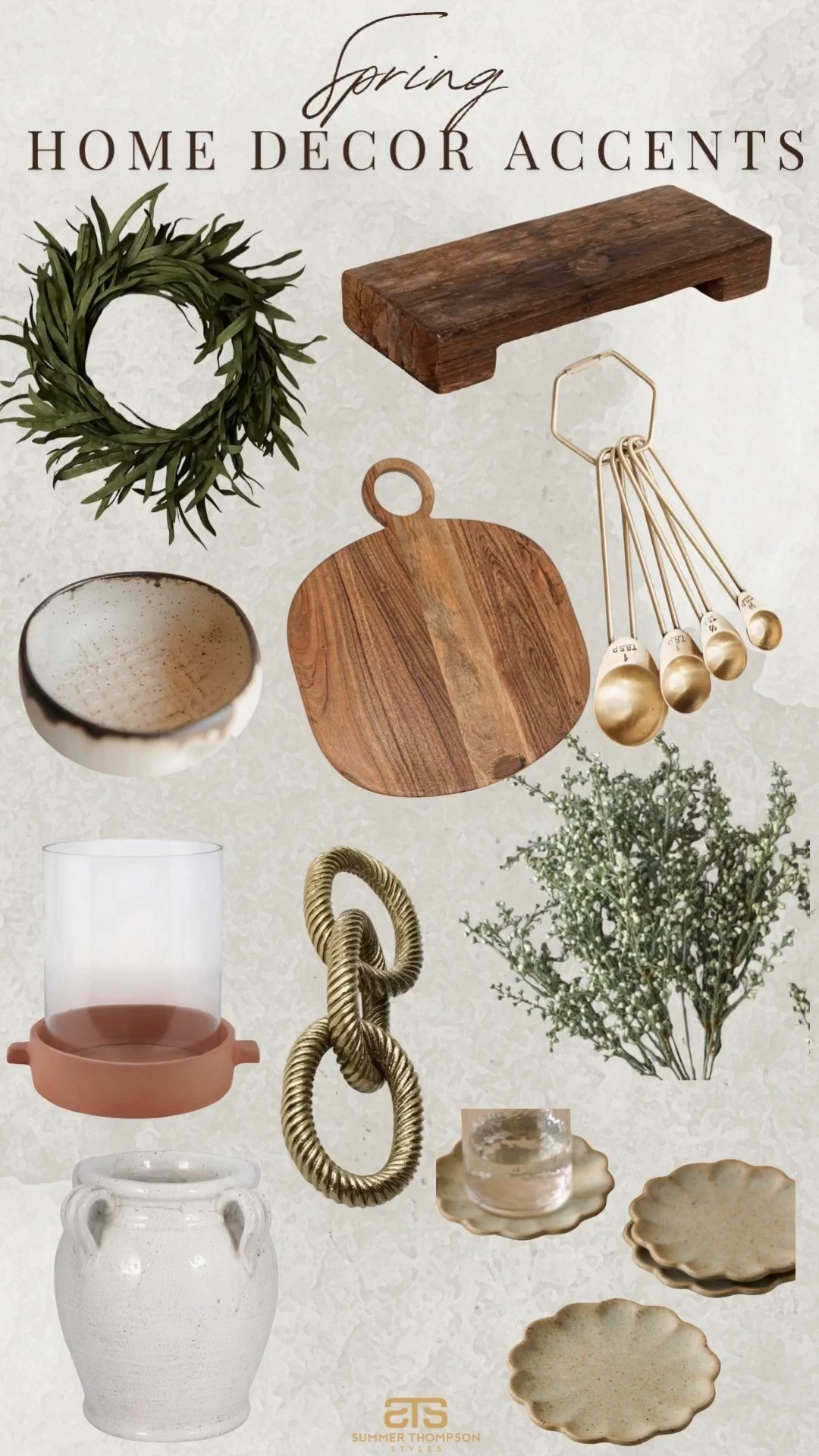 Loving the mix of greenery, wood, ceramics , and gold tones!

Decor accents current board neutral home greenery stems wreath measuring spoons candle holder chain decor 

#LTKHome #LTKSeasonal