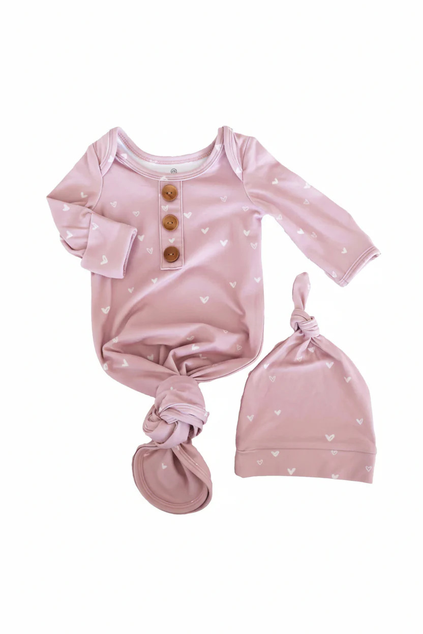 Tiny Hearts in Dusty Pink Newborn Baby Knot Gown & Hat Set | Caden Lane