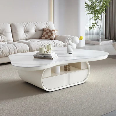 Cloud Coffee Table Wood Irregular Sintered Stone Top in White with Drawer Storage -Homary | Homary