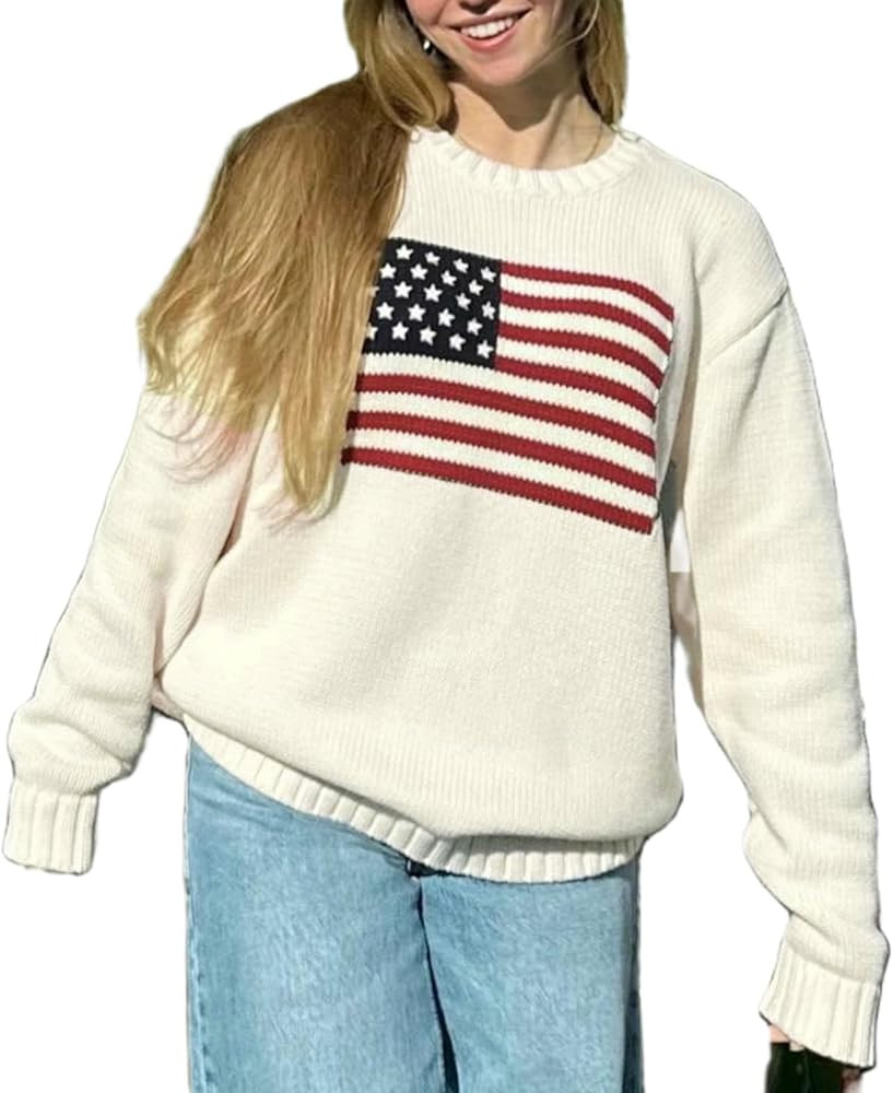 American Flag Sweater Women Loose Vintage USA Pullover Sweatshirt Preppy Long Sleeve Crewneck Kni... | Amazon (US)