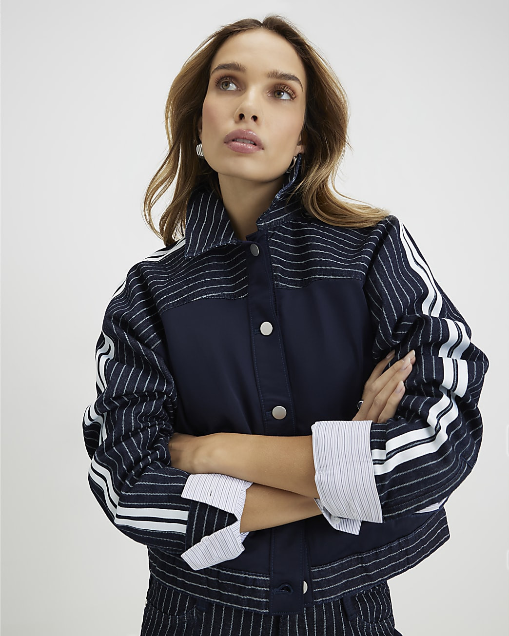 Blue Denim Striped Hybrid Denim Jacket | River Island UK & IE