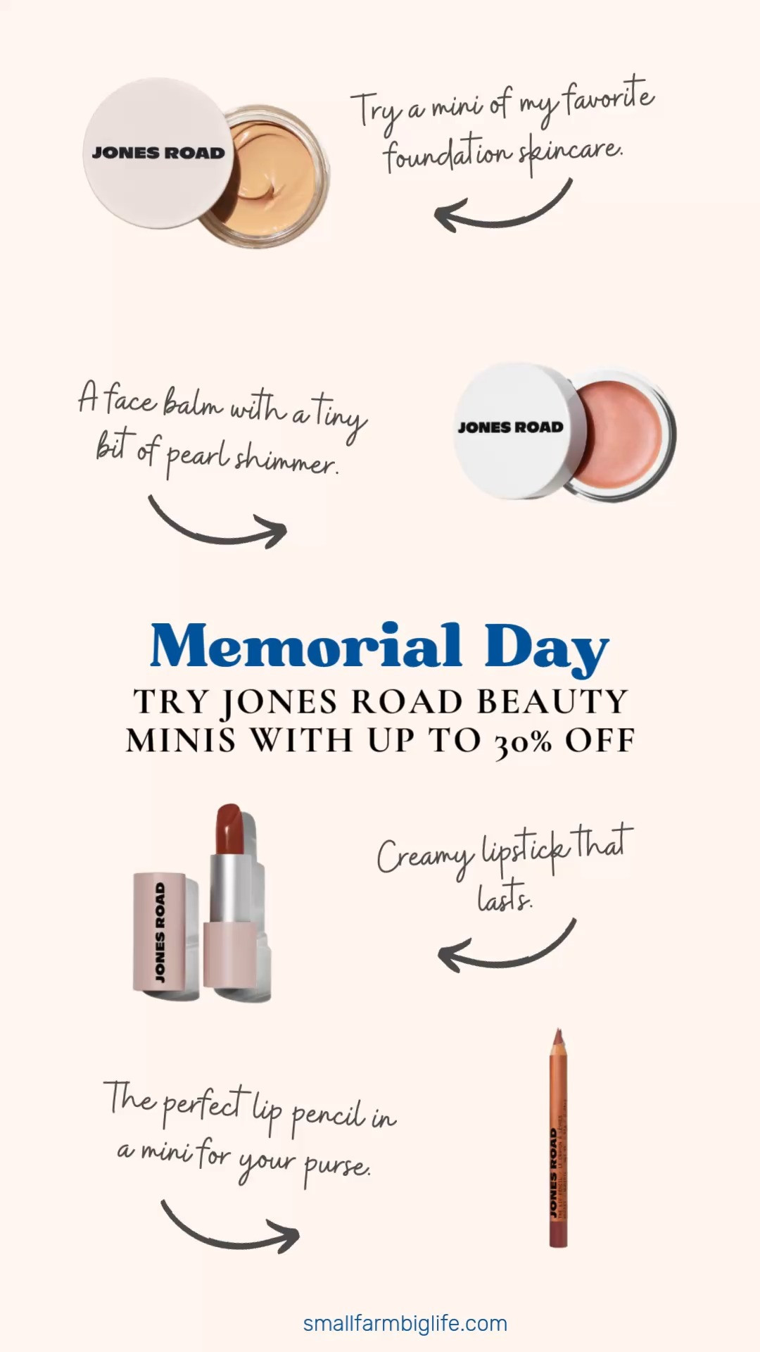 If you have been curious about Jones Road Beauty this sale is the perfect time to try it. The more minis you buy the deeper the discount, which makes it a great opportunity to stock up on travel sizes for summer vacations or test out something new before committing to full size. I love What The Foundation for its beautiful coverage that still feels like skincare, and the Miracle Balm in Au Naturel gives the prettiest faint pearl shimmer glow. Their lipstick has the creamiest texture and the lip pencil seriously stays put, and the mini versions are perfect for tossing in your bag. Tap to shop before the sale ends! 

 #LTKOver40 #LTKSaleAlert #LTKBeauty