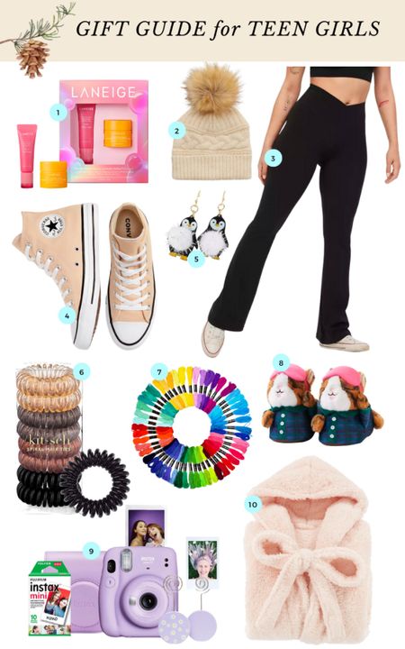 A gift guide for teen girls, including lip care, products, classic Converse sneakers, hair ties, must-have flare leggings, Instax mini kit, cozy slippers, and a plush Sherpa robe. #teengirls #giftsforteens #giftsforgirls #tweens #teengifts

#LTKHoliday #LTKkids #LTKGiftGuide
