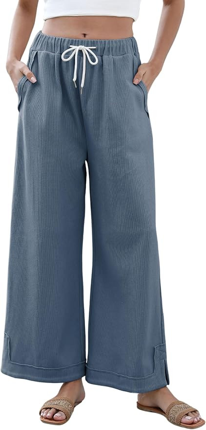 Springrain Womens Baggy Wide Leg Pants Casual Loose Cotton Drawstring Elastic Waisted Palazzo Pan... | Amazon (US)