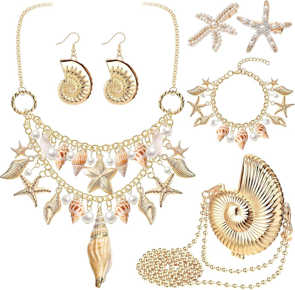 Hillban 6 Pieces Women Mermaid Jewelry Starfish Necklace Bracelets Seashell Purse Summer Beach Ea... | Amazon (US)