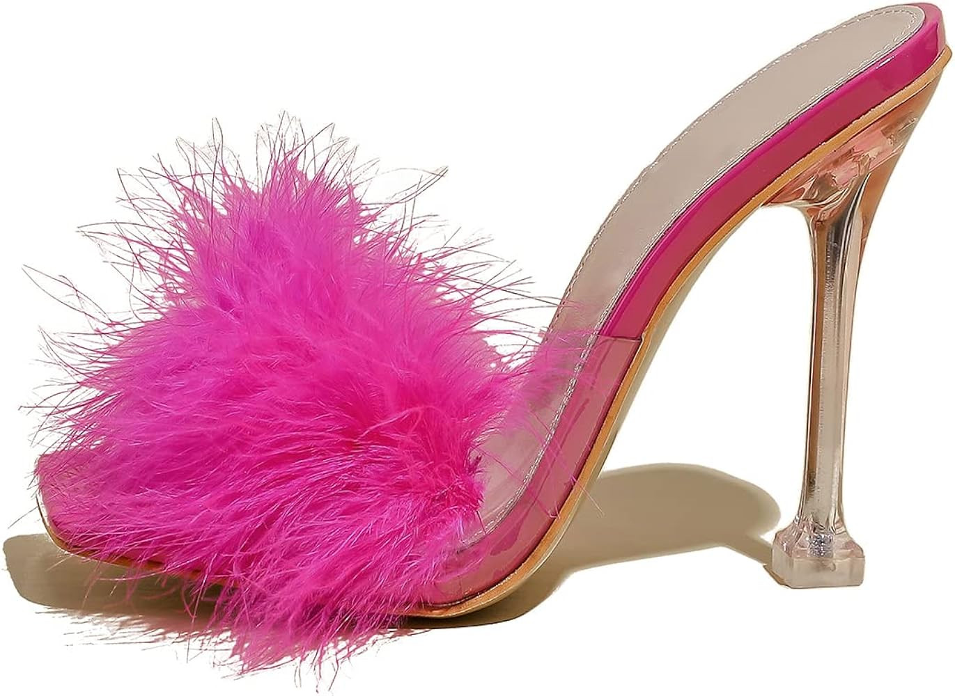 Women Rabbit White Fur Clear PVC Slippers Square Toe Stilettos Slides Transparent Crystal High He... | Amazon (US)