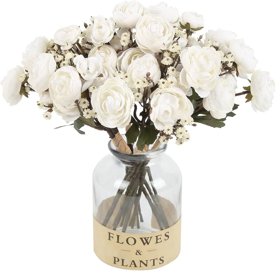 White Ranunculus Artificial Flowers 5 Bouquets Fake Silk Mini Ranunculus with Stem 15PCS Faux Peo... | Amazon (US)