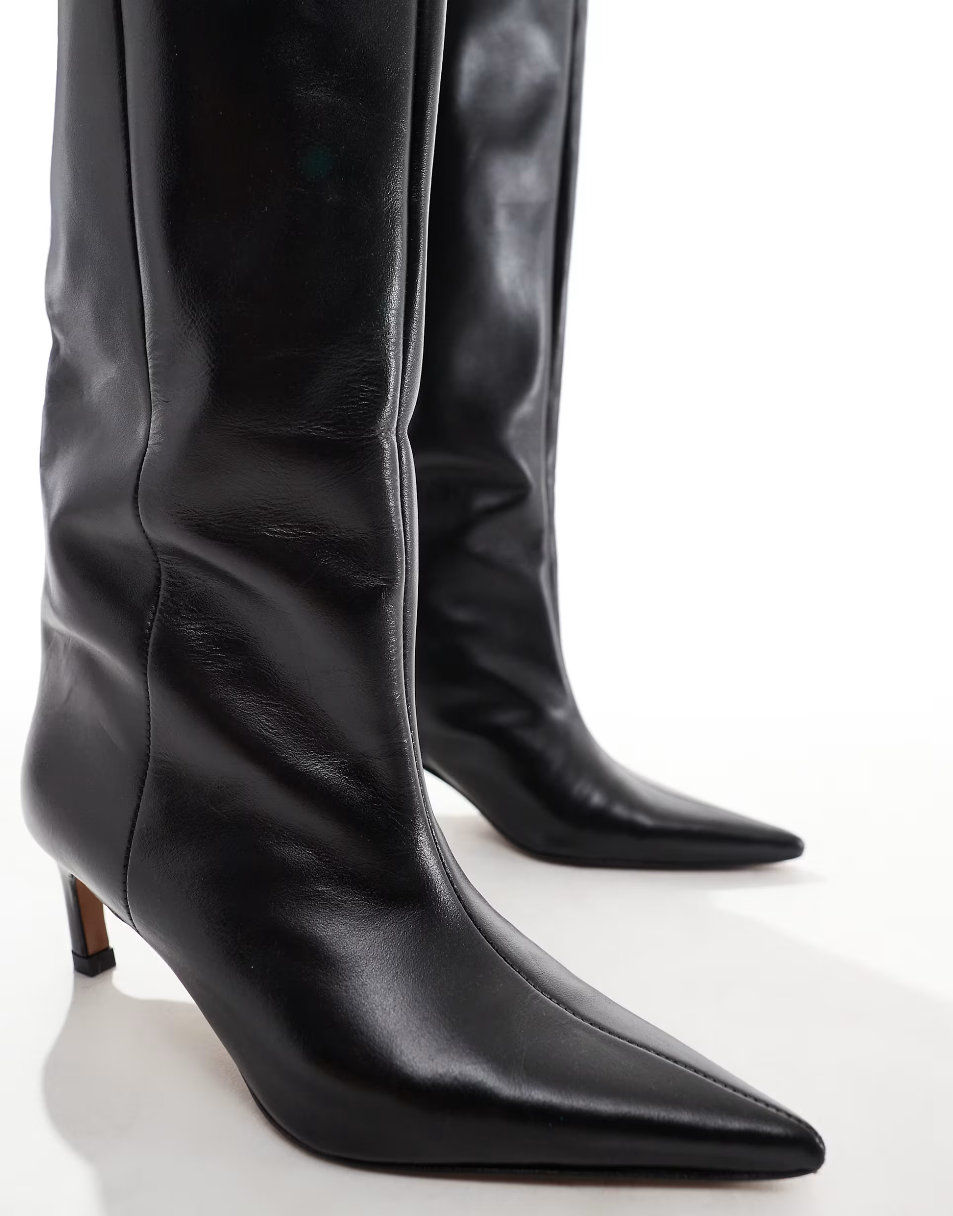 ASOS DESIGN Wide Fit Cleo premium leather kitten heel knee boots in black | ASOS (Global)