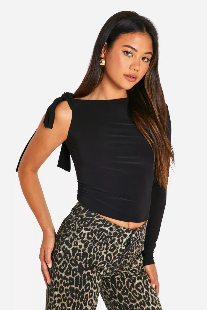 Double Layer Slinky Knot Detail One Sleeve Top | boohoo (US & Canada)