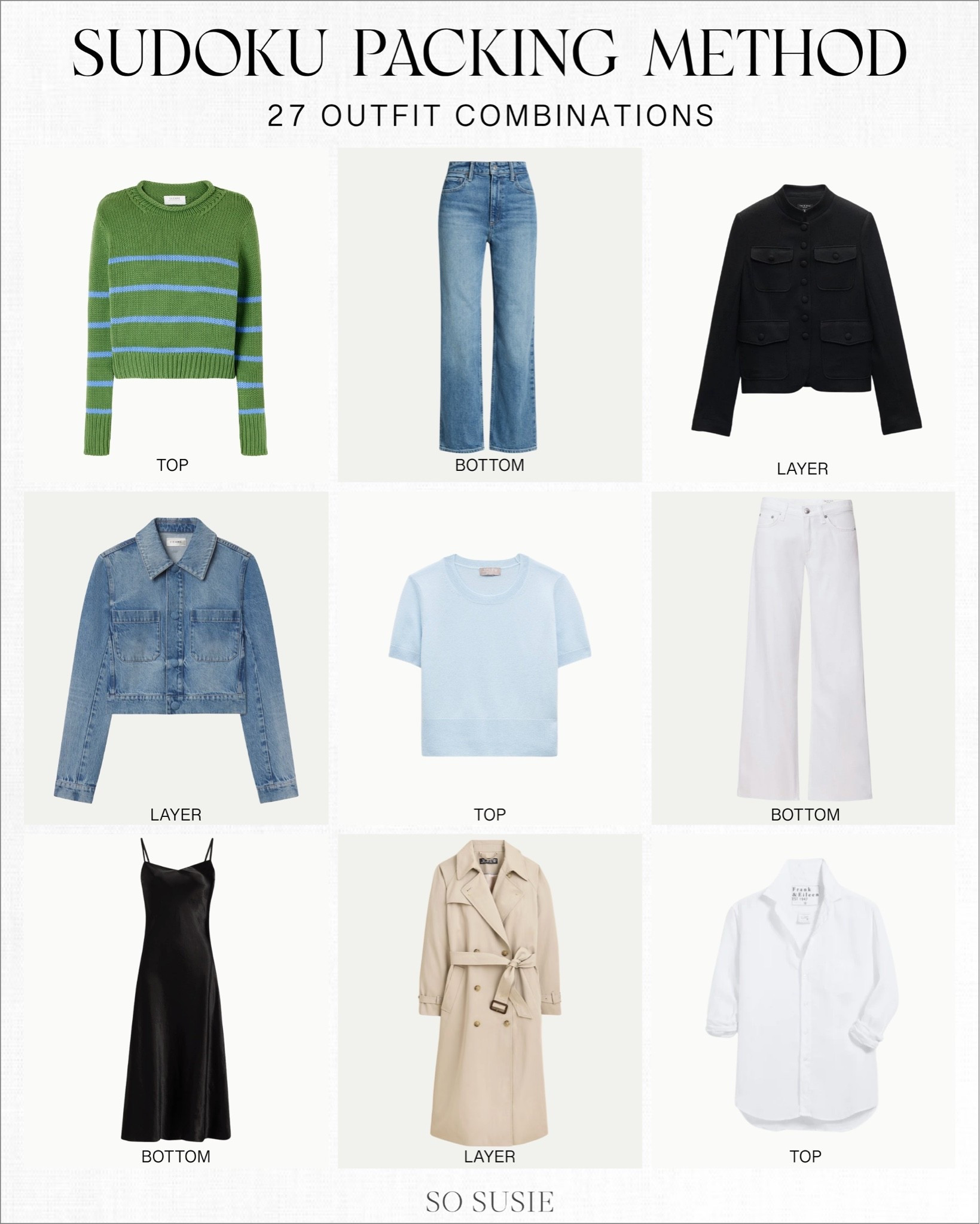 The sudoku packing method!! You have to try this when packing for your next trip! These 9 pieces make 27 different outfit combos! ✨💕

#LTKTravel #LTKOver40 #LTKSeasonal