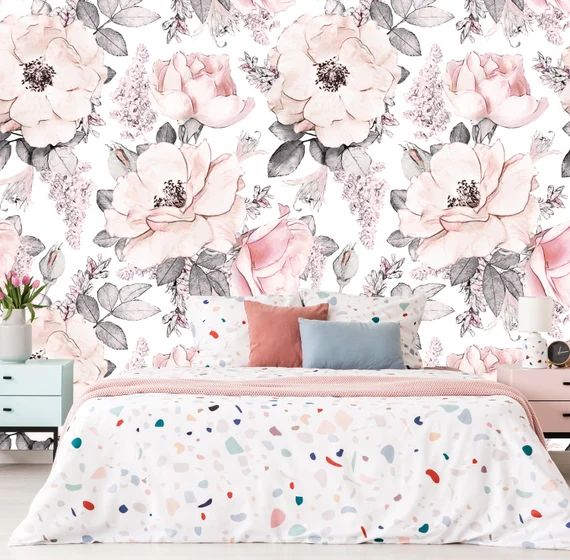 Removable Wallpaper, Floral Wallpaper, Watercolor Pink Pattern,Nursery Wallpaper, Wall Mural, Gir... | Etsy (US)