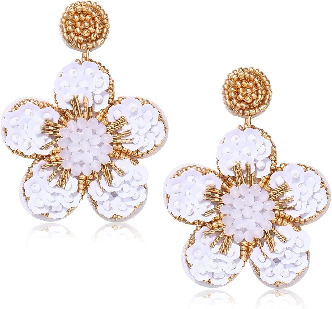 Beaded Drop Earrings Statement Colorful Beaded Flower Earrings Handmade Bohemia Tropical Beadwork Da | Amazon (US)