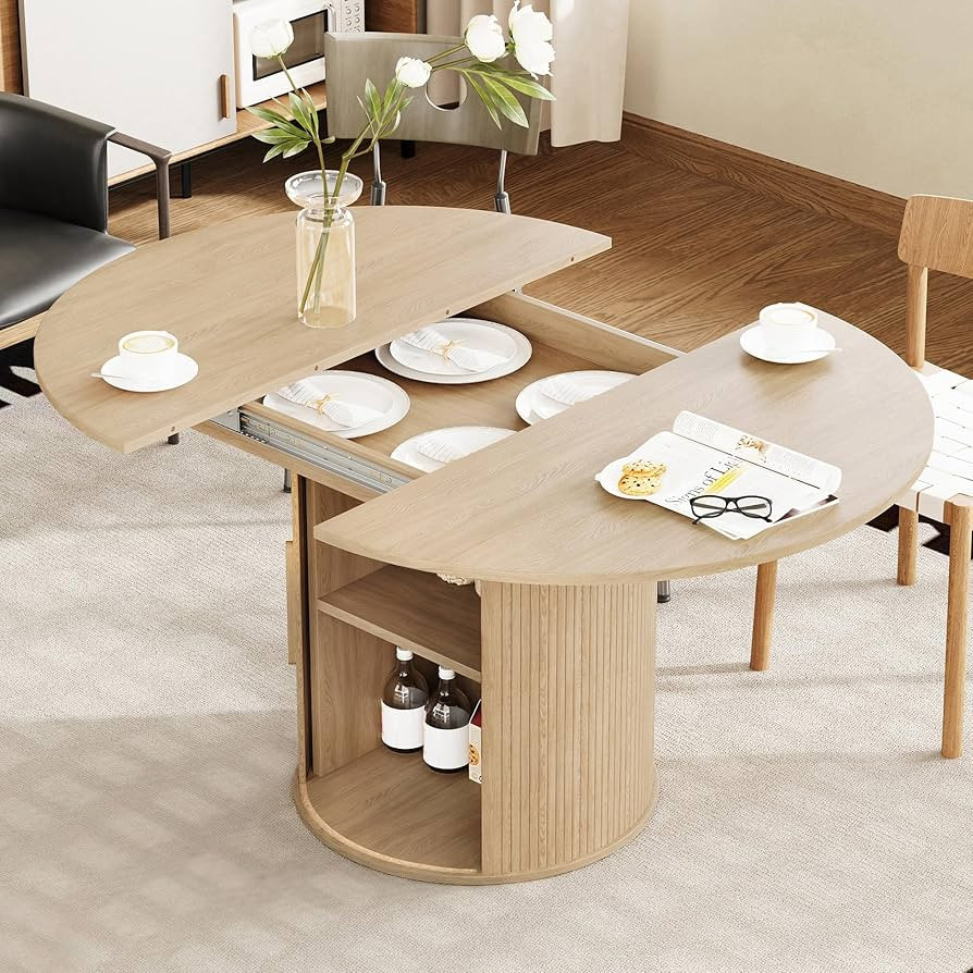43"-59" Extendable Round to Oval Dining Table with Hidden Storage, Modern Wooden Kitchen Table wi... | Amazon (US)