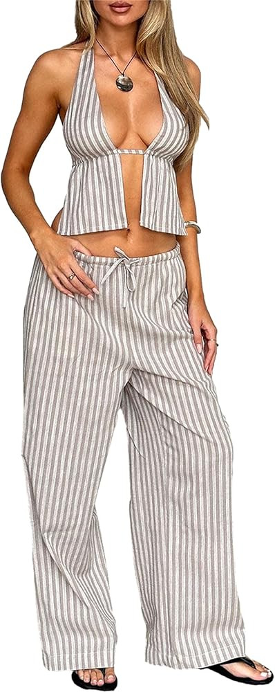 Women Sexy 2 Piece Outfits Tie Up Halter Neck Backless Tank Top and Wide Leg Drawstring Pants Set... | Amazon (US)