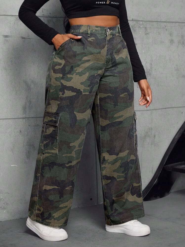 SHEIN SXY Plus Size Denim Camouflage Cargo Straight Pants | SHEIN