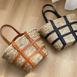 French Straw Market Basket Double Handle Tote Woven Shoulder Bag Large Shopping Basket - Etsy | Etsy (US)