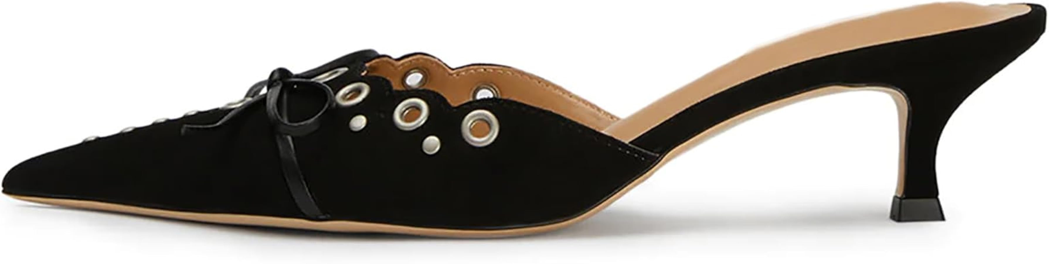 olomisa Womens Kitten Heels, Bow Studded Heeled Mules Pointed Toe Low Heel Sandals Suede Leather ... | Amazon (US)