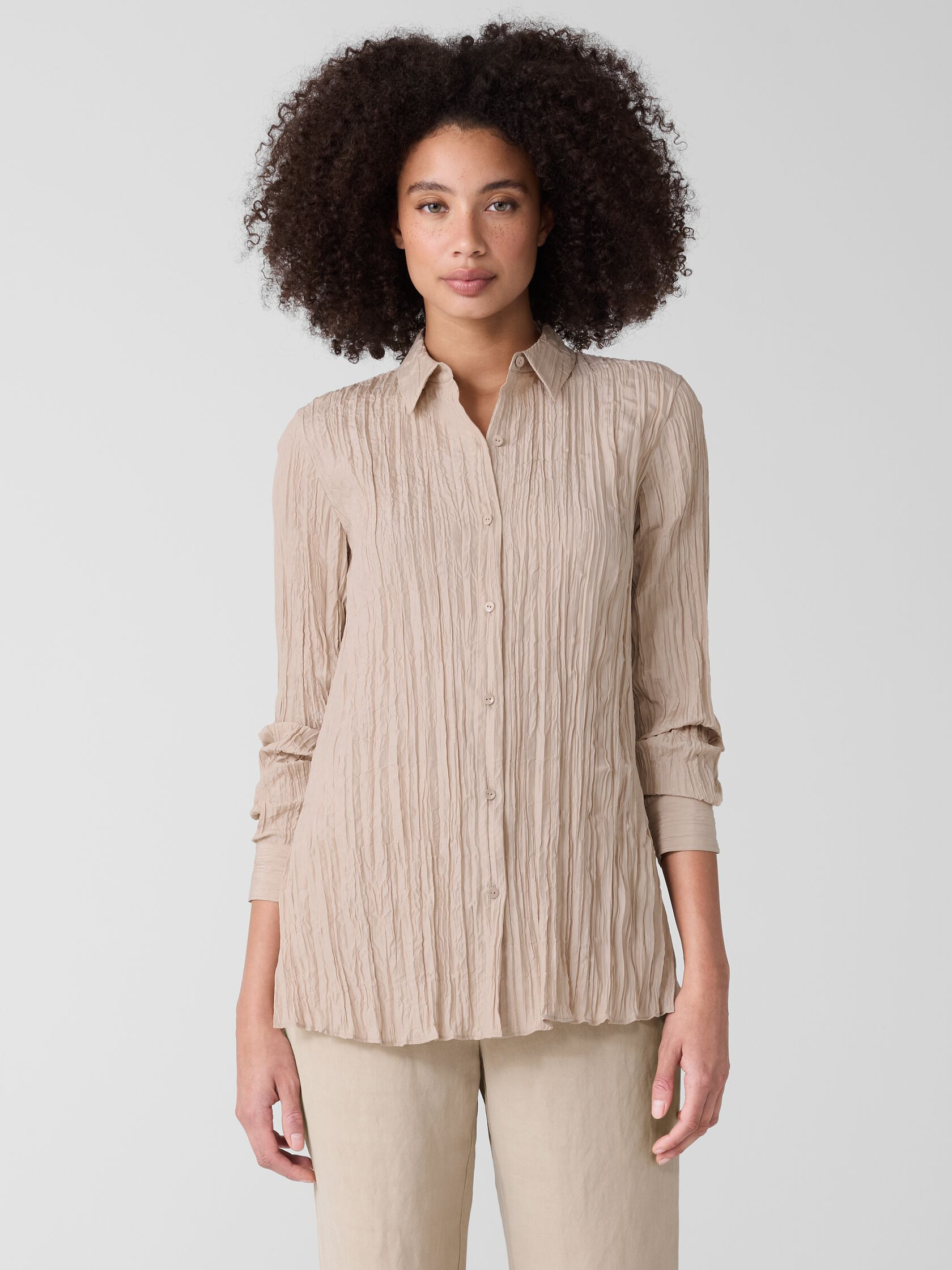 Crinkle Silk Habutai Classic Collar Shirt | Eileen Fisher