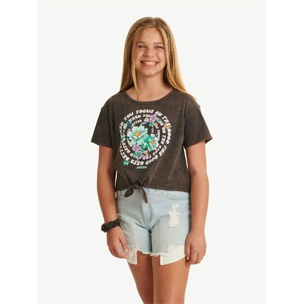 Justice Girls Short Sleeve Tie Front T-Shirt With Scrunchie, Sizes XS-XLP - Walmart.com | Walmart (US)