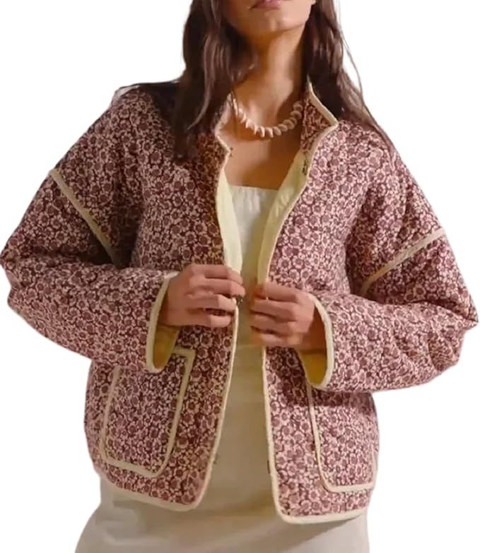 Women’s Cropped Floral Quilted Jacket Cardigan Lightweight Boho Print Patchwork Padded Puffer C... | Amazon (UK)