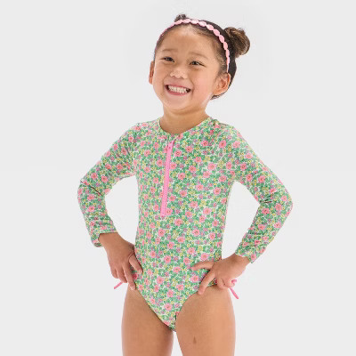 Toddler Girls' Long Sleeve Half Zip One Piece Rash Guard - Cat & Jack™ 4T: Floral Pattern, UPF 50+, Recycled Polyester, Bow Detail | Target