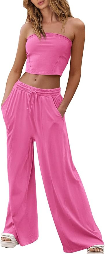 Yanekop Womens 2 Piece Lounge Set Tube Top and Pants Set Travel Sexy Two Piece Outfits Summer Bea... | Amazon (US)