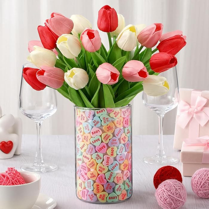 224 Pcs Valentines Vase Filler Includes 24 Artificial Tulip 200 Resin Conversation Hearts Pastel ... | Amazon (US)