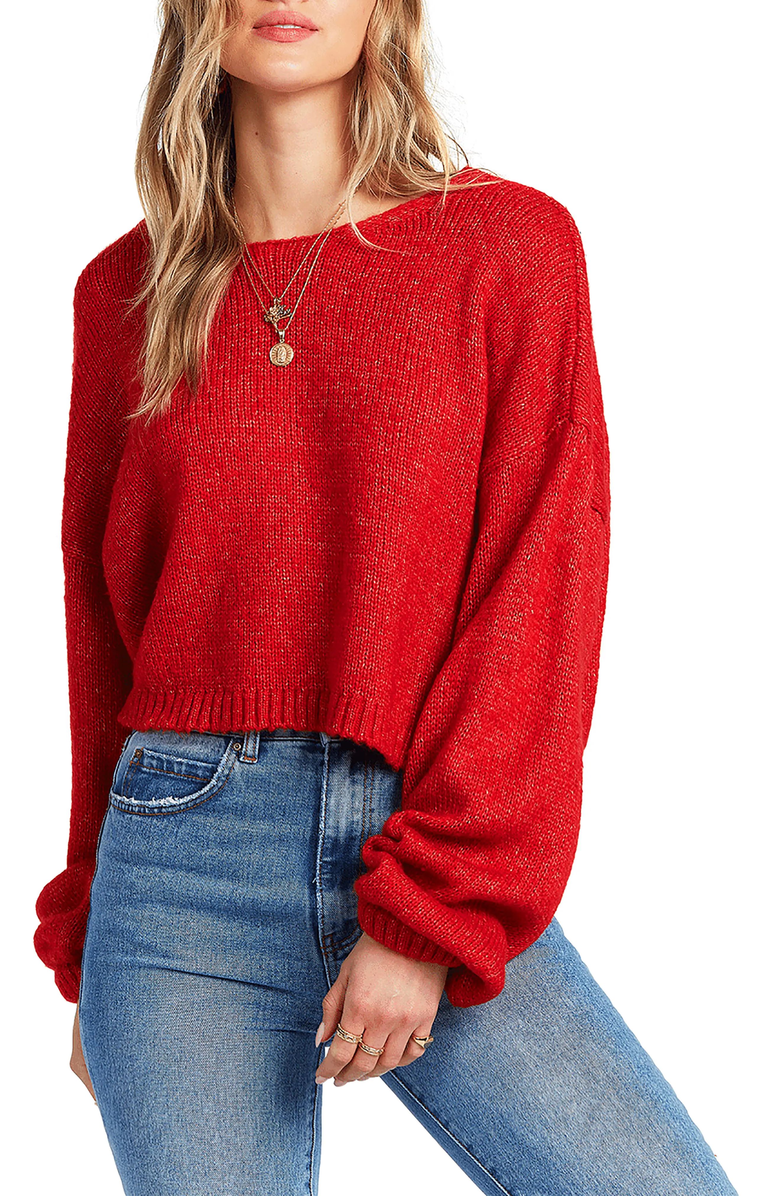 Women's Billabong Heart To Heart V-Back Crop Sweater, Size Large - Red | Nordstrom