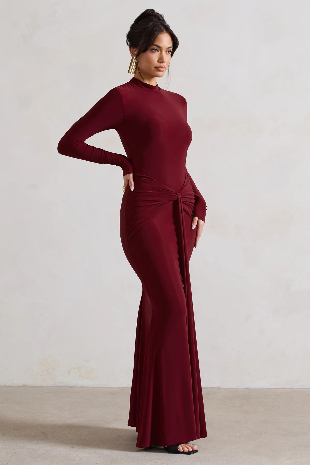 Pietra | Berry High-Neck Long Sleeve Knot Maxi Dress | Club L London