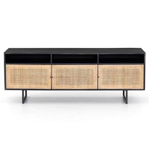 Open Box Emilie Black Mango Wood Woven Cane Iron Base Media Console - 65"W | Kathy Kuo Home