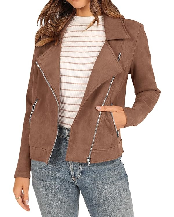 KIRUNDO Women's 2023 Fall Faux Suede Biker Moto Jacket Fashion Long Sleeve Zipper Short Casual Co... | Amazon (US)
