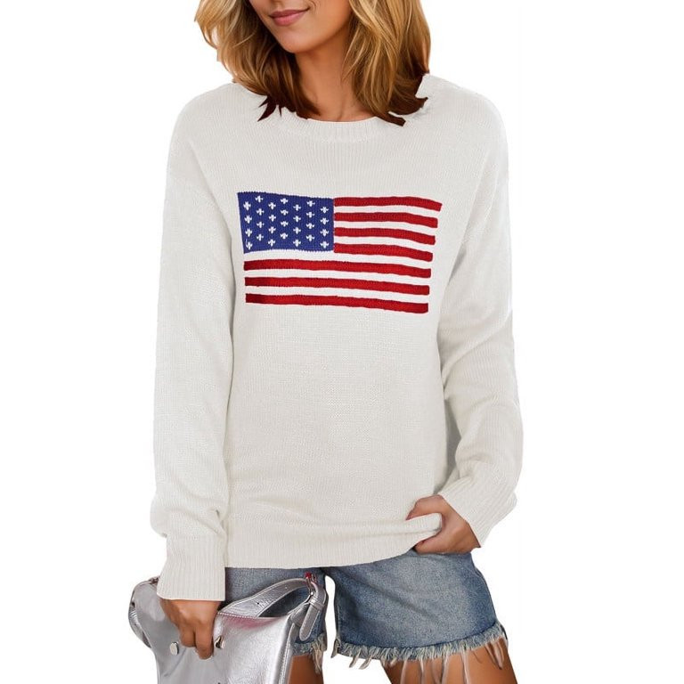 American Flag Graphic Sweaters for Women 4th of July Crew Neck Sweater Long Sleeve Casual Knit Pu... | Walmart (US)