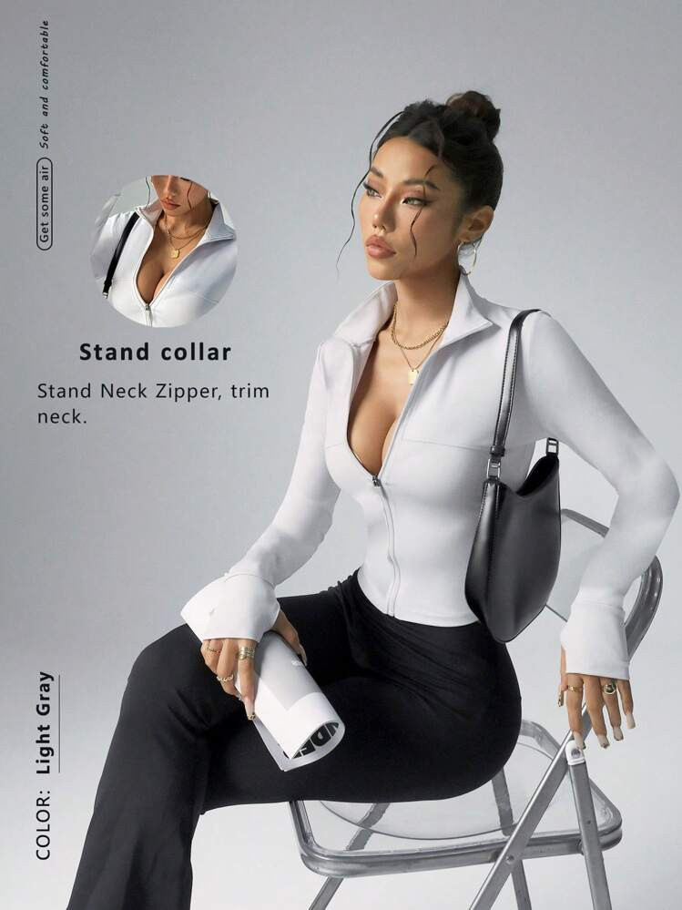 FWH Women's Fashion Yoga Outdoor Running Commuting Date Sunscreen Essential Elastic Comfortable Shaping Back Abdomen Slimming Fitness Retro High-End Street Elegant Sportswear Running Fitness Suit Zipper Elastic Simple Fashion Sexy Slim Fit Long Sleeve Yoga Jacket | SHEIN