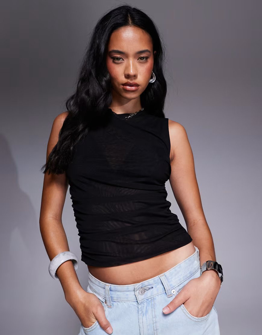 ASOS DESIGN sheer mesh ruched tank top in black | ASOS (Global)