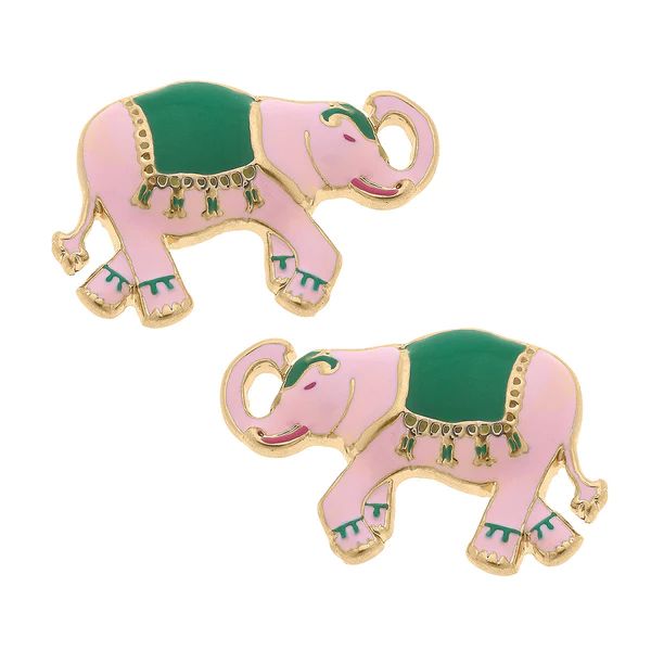 Livy Enamel Elephant Stud Earrings in Pink & Green | CANVAS
