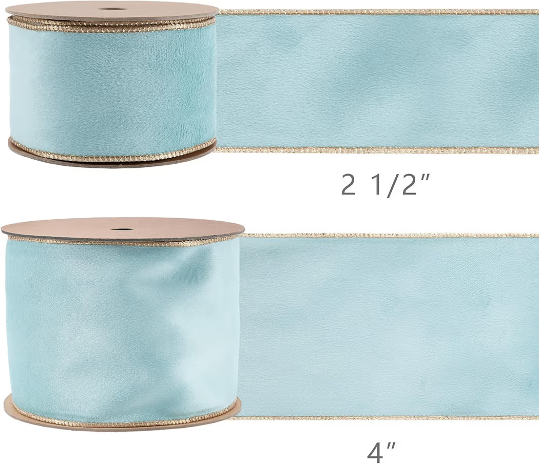 LaRibbons Velvet Ribbon Wired 2.5 Inch x 10 Yards, Light Blue and Gold for Christmas Tree, Gift W... | Amazon (US)