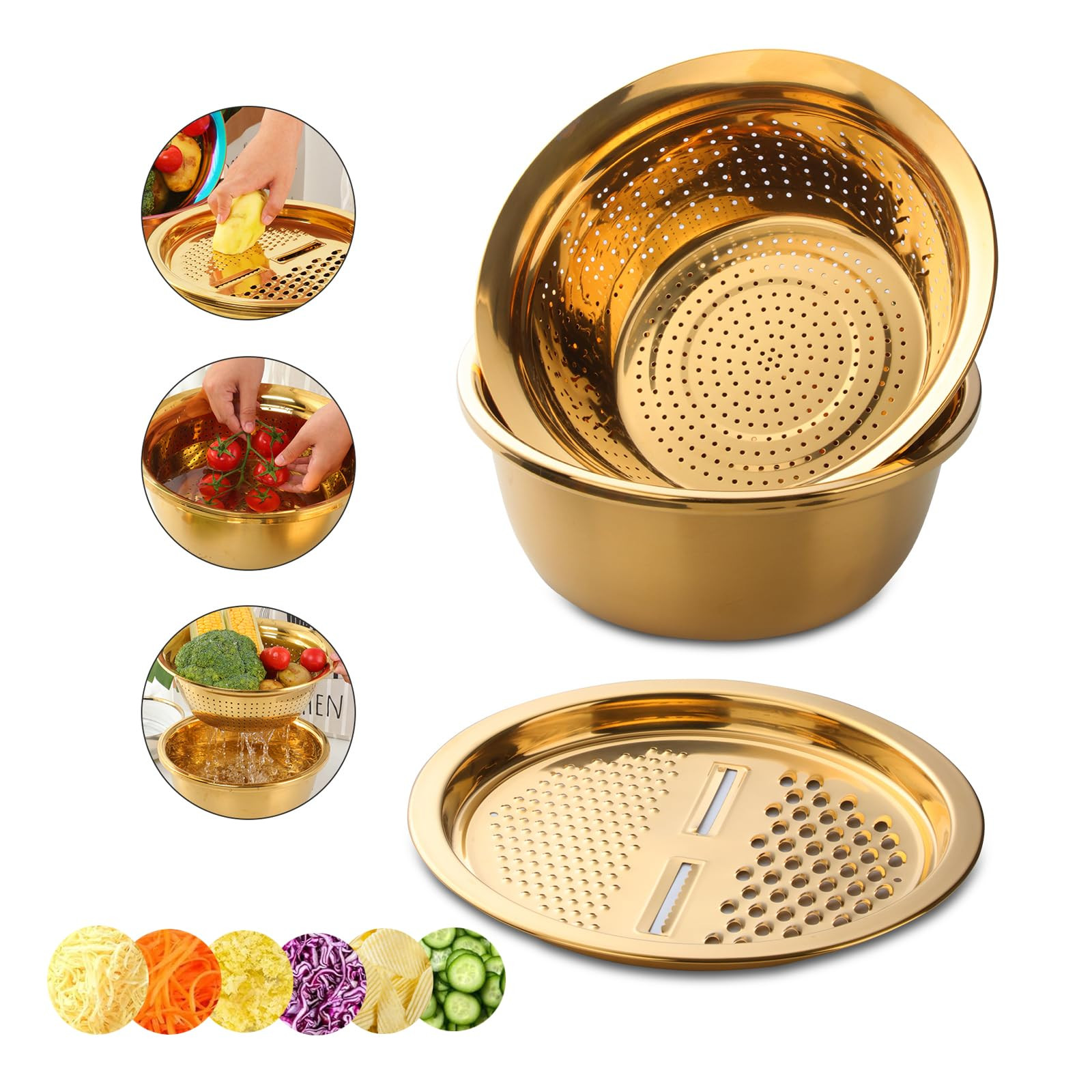 Meisha Colander, 3Pcs Stainless Steel Kitchen Tool 3 in 1 Drain Basket Fruit and Vegetable Cutter... | Amazon (US)