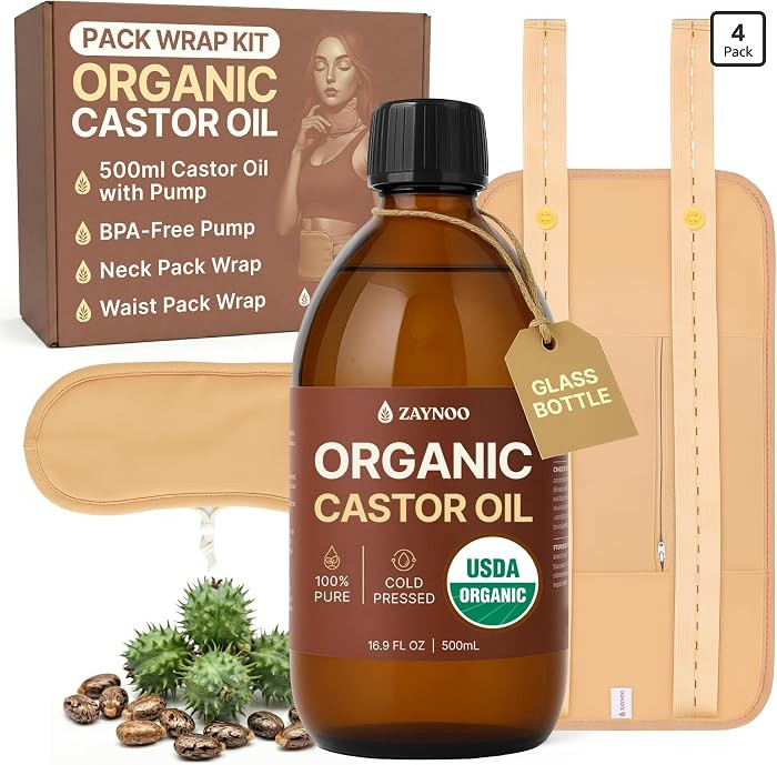 Castor Oil Pack Wrap Kit with 16.9oz USDA Organic Cold-Pressed, Hexane Free Castor Oil with BPA F... | Amazon (US)