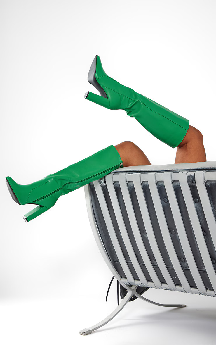 Green PU Point Toe High Block Heel Knee Boots | PrettyLittleThing US