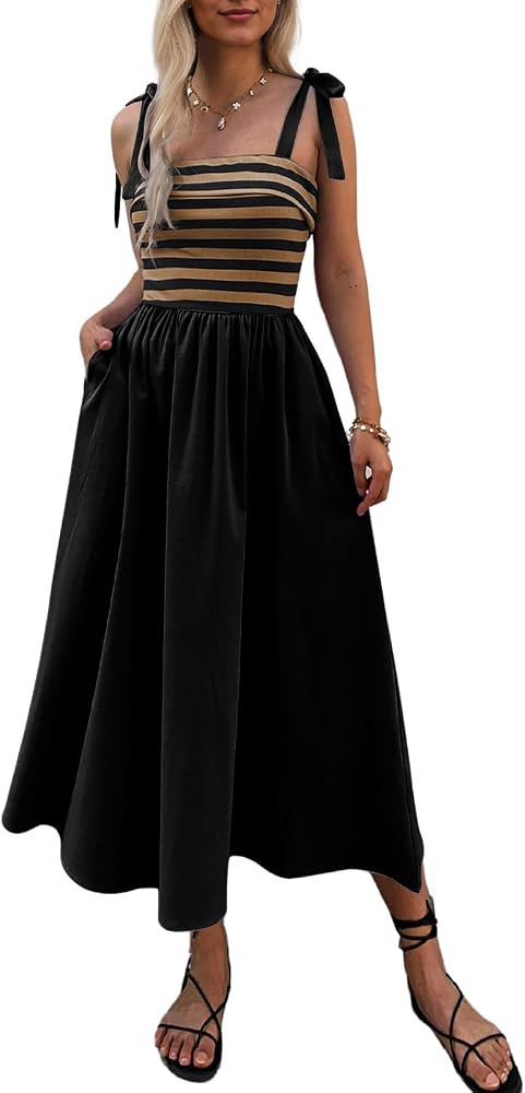 Women Summer Tie Spaghetti Strap Striped Dresses Sleeveless Stretch Flowy Maxi Sundress Beach Dre... | Amazon (US)