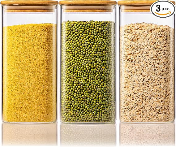 57oz - 3 Pack Square Glass Jars with Bamboo Lids, Glass Food Storage Containers with Airtight Lid... | Amazon (US)