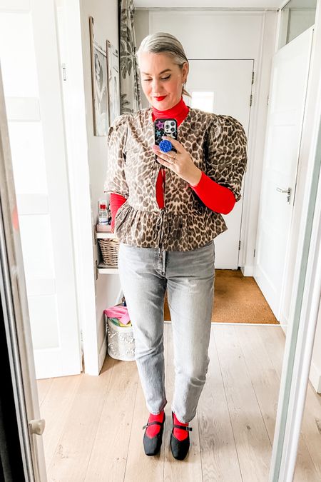 Ootd - Thursday. Ganni like top with ties, leopard print and puff sleeves, red lightweight H&M turtleneck. Grey Levi’s 501 jeans, red socks and Vivaia Mary Jane shoes. 



#LTKstyletip #LTKeurope #LTKmidsize