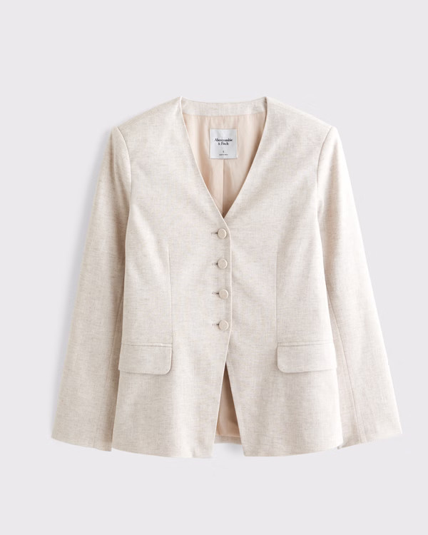 Women's Linen-Blend Collarless Blazer | Women's Coats & Jackets | Abercrombie.com | Abercrombie & Fitch (US)