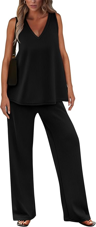 PRETTYGARDEN Womens Sleeveless V Neck Tank Top Wide Leg Pants Casual Knit Outfit Set | Amazon (US)