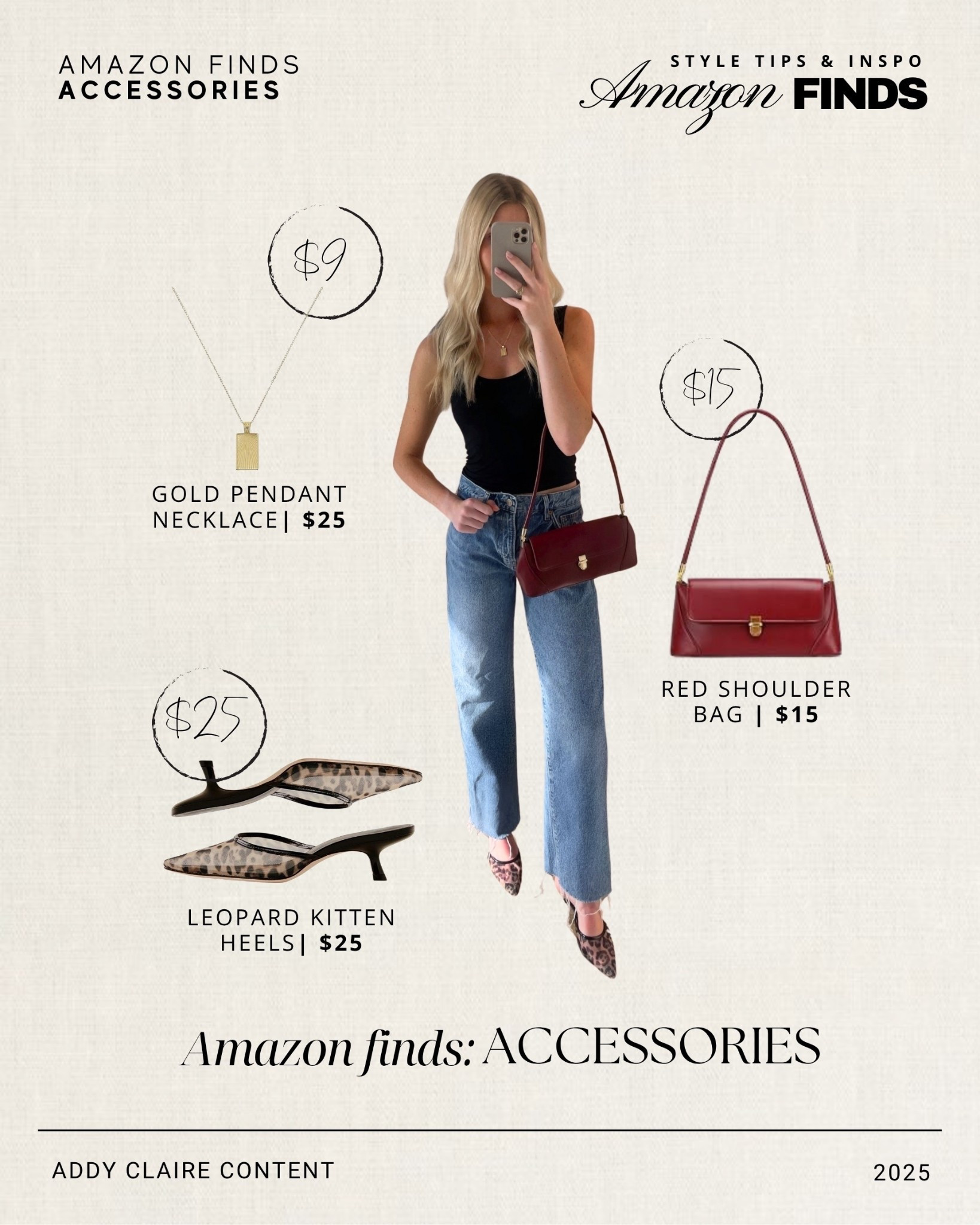 A few affordable Amazon accessories that make simple basics feel a lot more styled.

Amazon finds / Amazon accessories / affordable accessories / red shoulder bag / leopard heels / gold necklace / Amazon fashion / accessory finds / outfit accessories

#LTKU #LTKSaleAlert #LTKSeasonal
