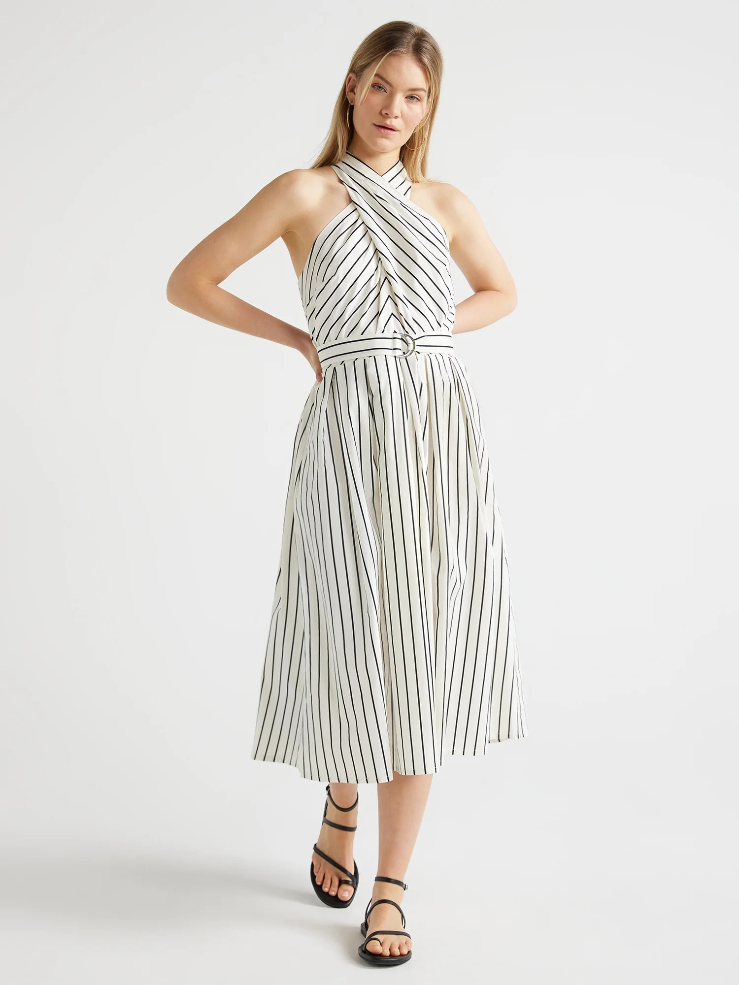 Scoop Women's Belted Halter Midi Dress, Sizes XS-XXL - Walmart.com | Walmart (US)