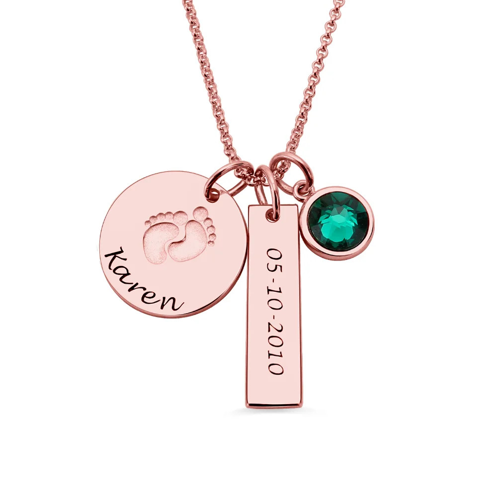 Baby Feet Disc Necklace With Birthstone For New Mom In Rose Gold | GetNameNecklace